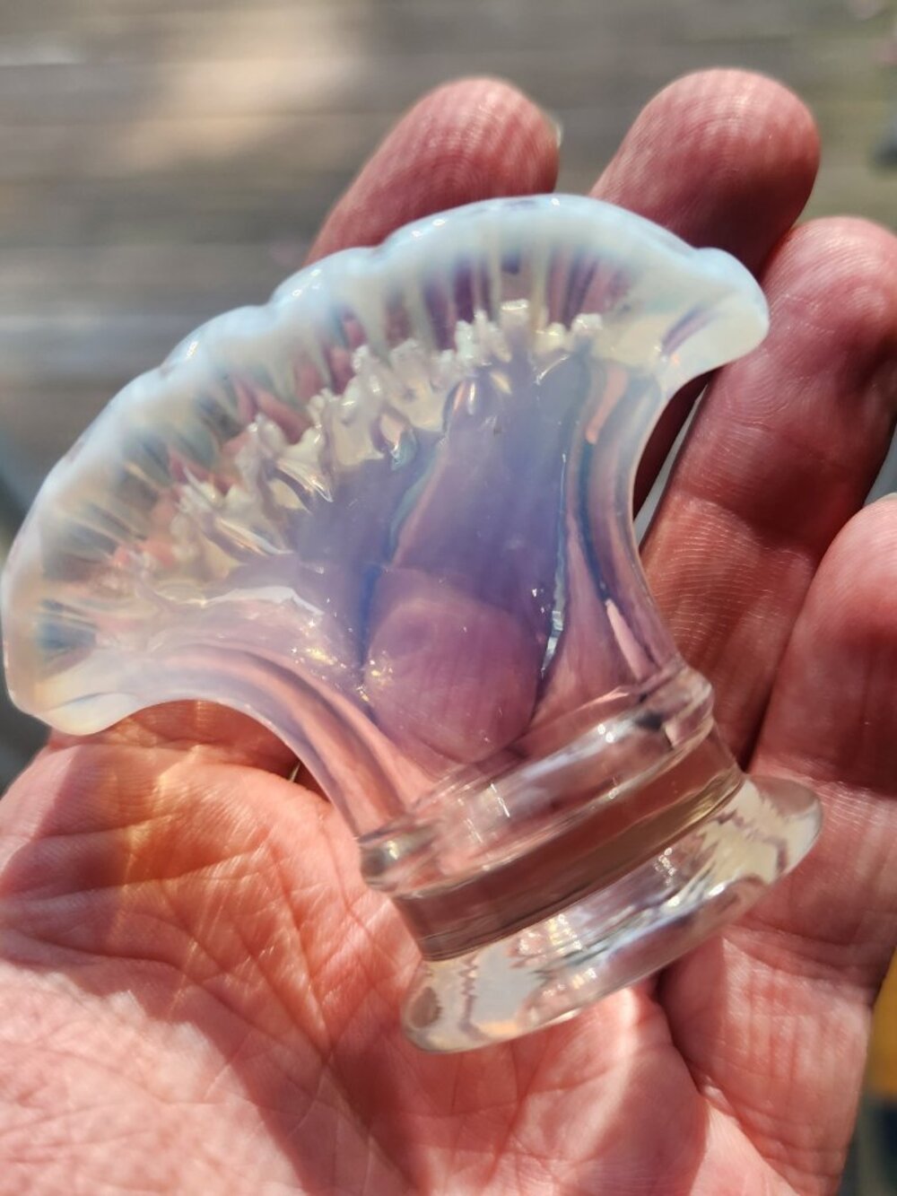 Fenton Vintage Clear French Opalescent Mini Fan Glass Crimped Vase 37 Miniature